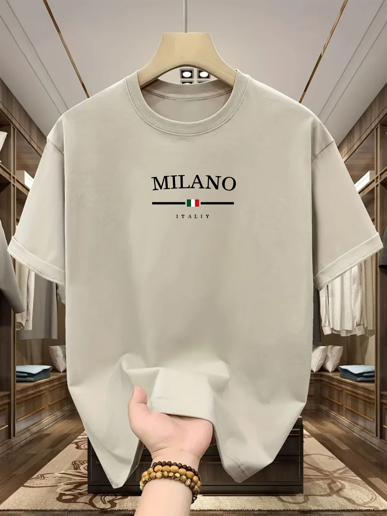 Camiseta de manga corta con cuello redondo y estampado de letras de Milán, estilo italiano, informal, holgada, 100% algodón puro para hombre