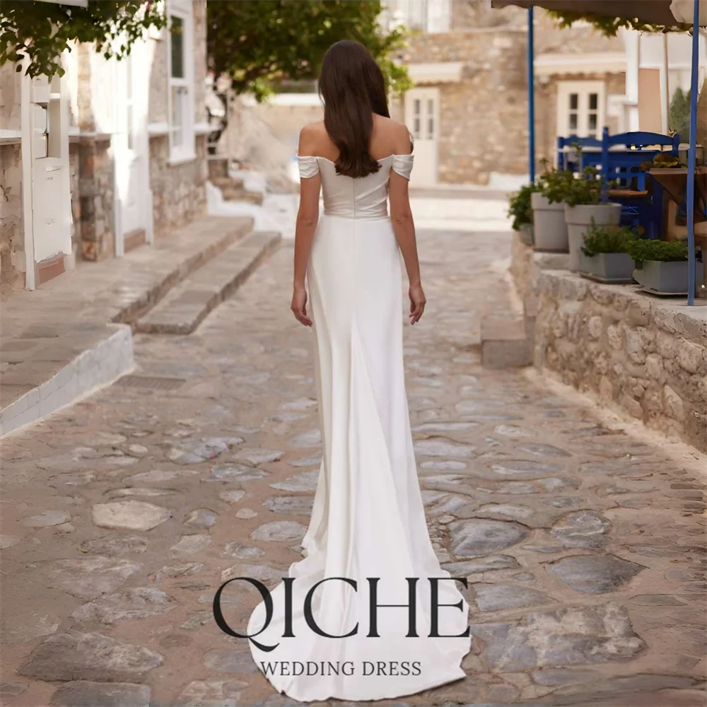 QICHE Classic Satin Off The Shoulder Mermaid Wedding Dresses Strapless Open Back Slit Bridal Gown Vestidos De Noiva Customized