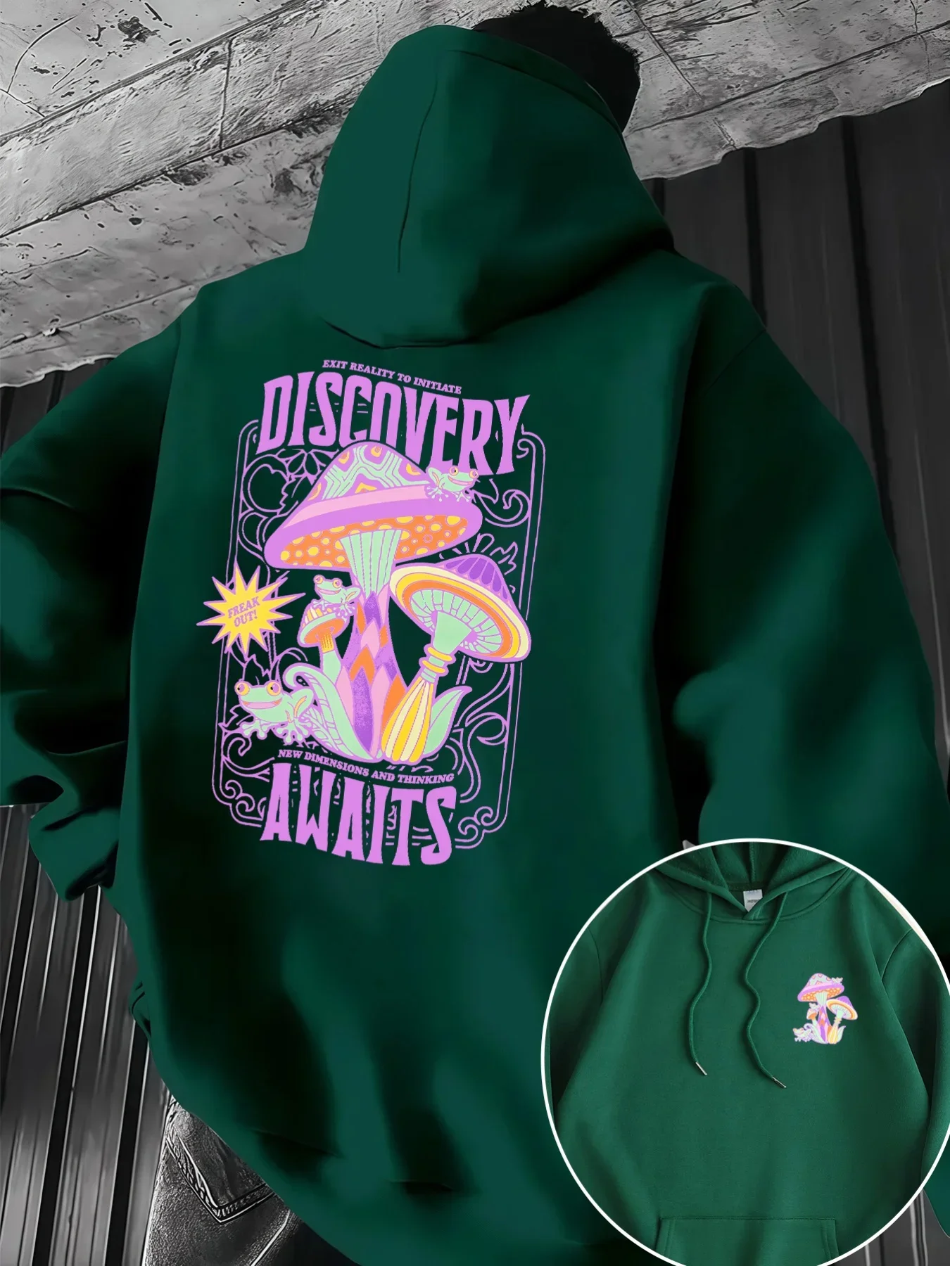 Men Streetwear Hoodie Discovery Awaits Trippy Mushroom Aesthetic Autumn Winter Fleece Lined Loose Daily Hooded Sweatshirt