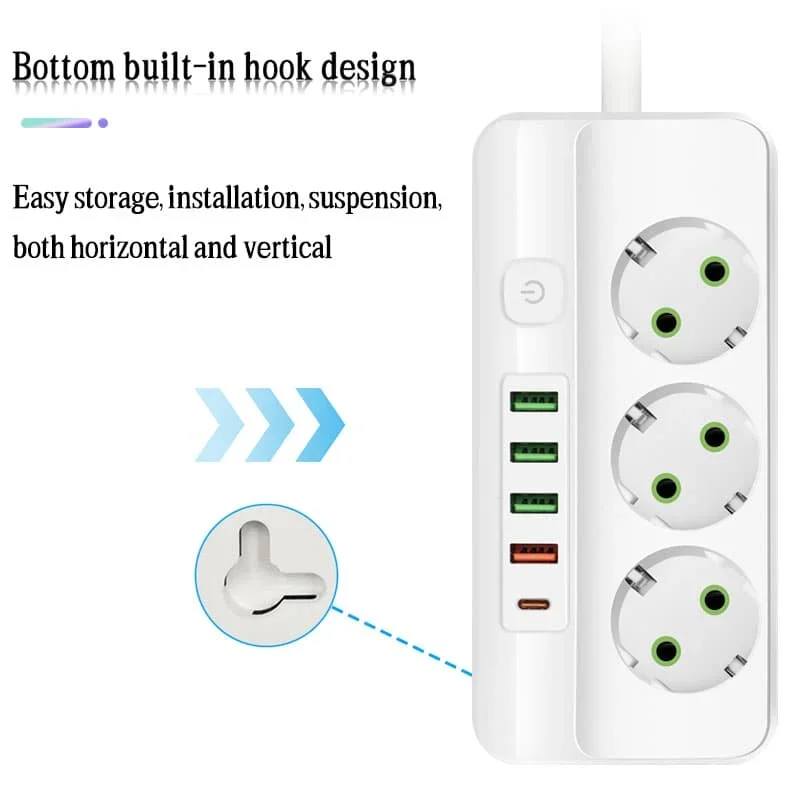 EU Plug Power Strip 3/4/5/6 Socket 2500W Electrical Outlet with 4 USB 1 Type-C Ports 2m Extension Cord Adapter 2.1a Charging