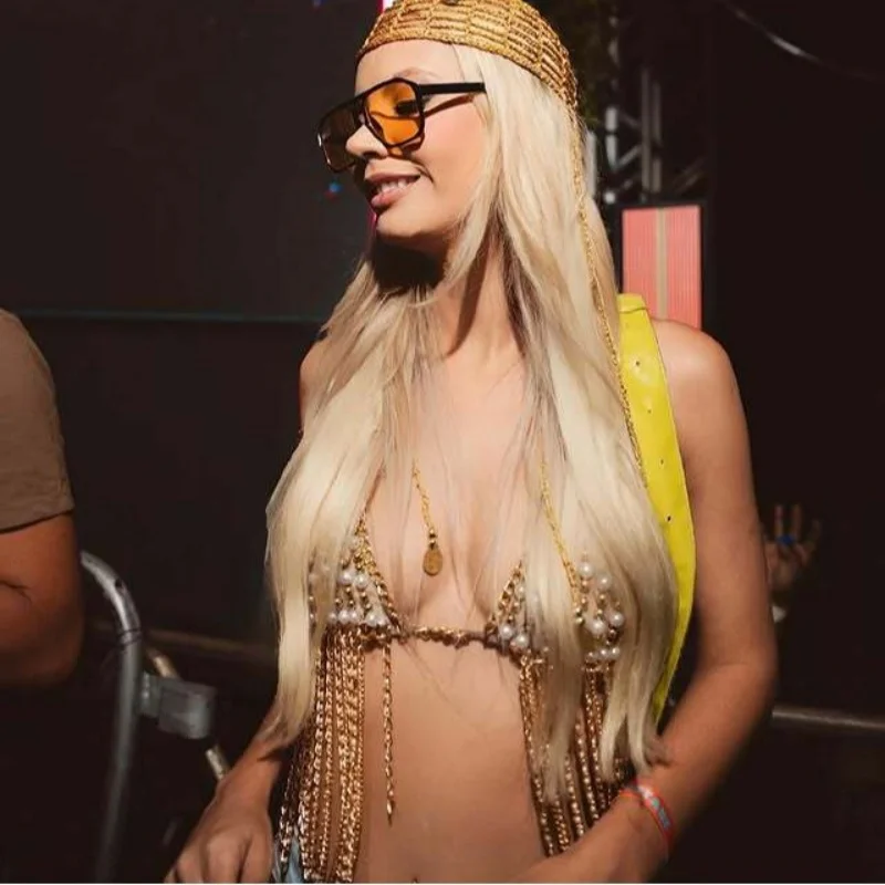 Goldene Perlenkette, Neckholder-Crop-Top für Damen, Quasten-Fransen-Body-Kette, rückenfreies, ärmelloses Camisole, Festival-, Party-, Club- und Strand-Oberteil – Detail 5