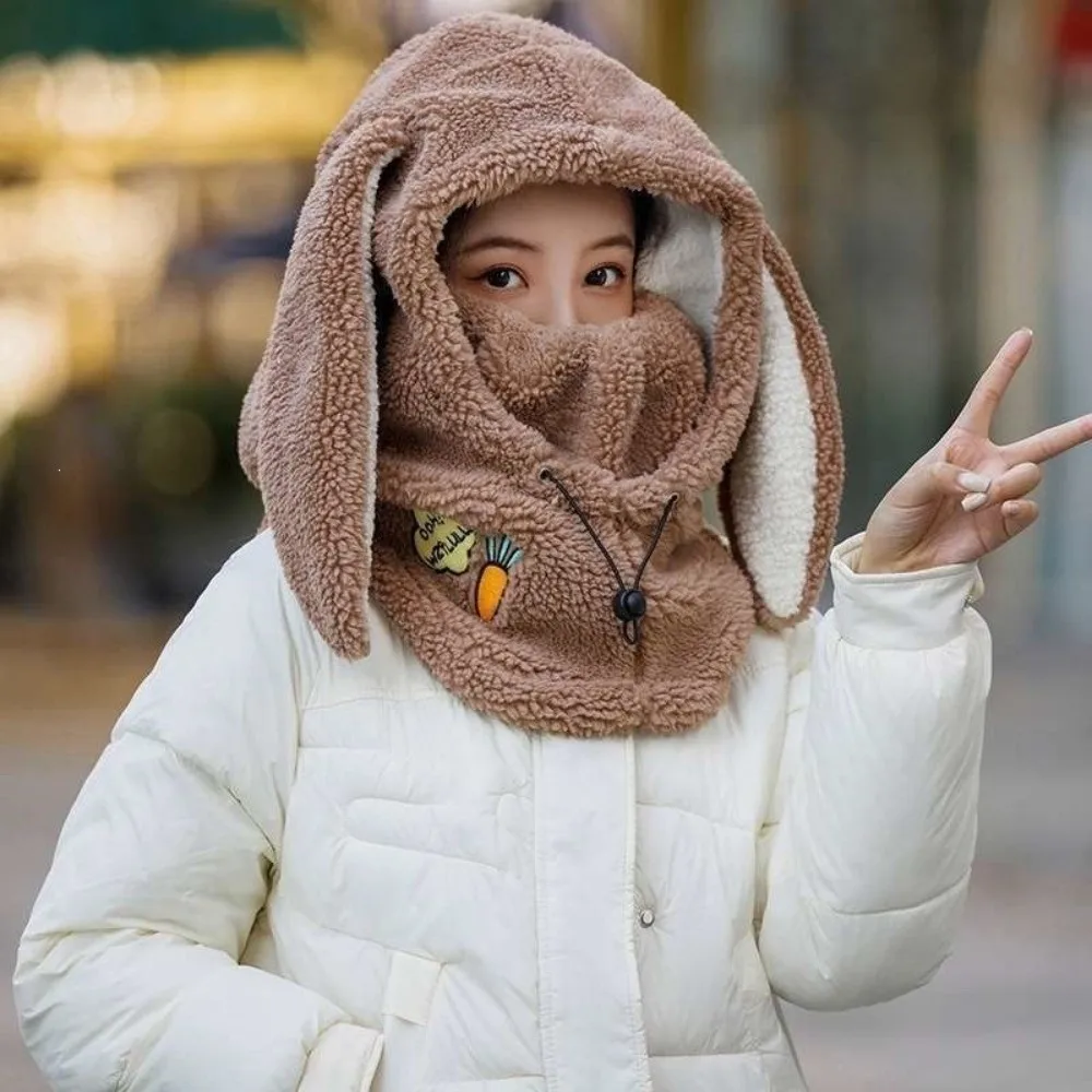 Windproof Fleece Balaclava Hat Long Bunny Ear Design Full Face Coverage Neck Gaiter Fleece Material Neck Gaiter Helmet Liner