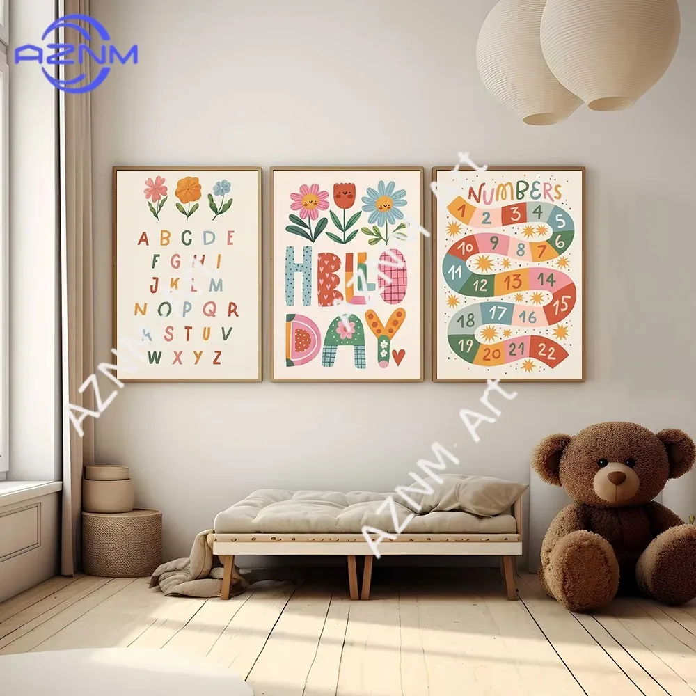 1Pc/3Pcs Floral Alphabet Education Kid Prints Children's Room Decor Wall Art Cute Animals Illustration Colorful Playroom Posters