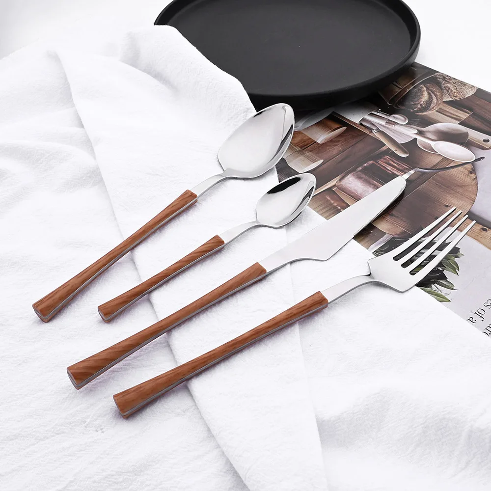 6/24Pcs Creative Wooden Handle Dinnerware Cutlery Stainless Steel Tableware Knife Fork Coffee Spoon Flatware With Rack Set