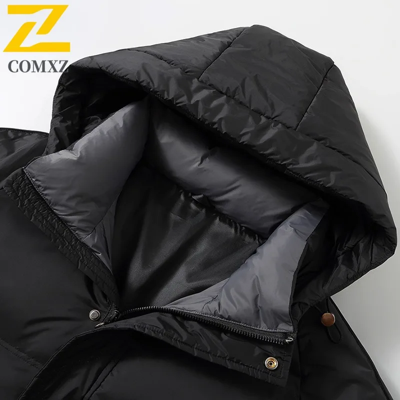 COMXZ Men Down Jacket Classic Hood Commuting Office Windproof Warm Parka Solid Color Hiking Travel Lightweight Winter Down Coat