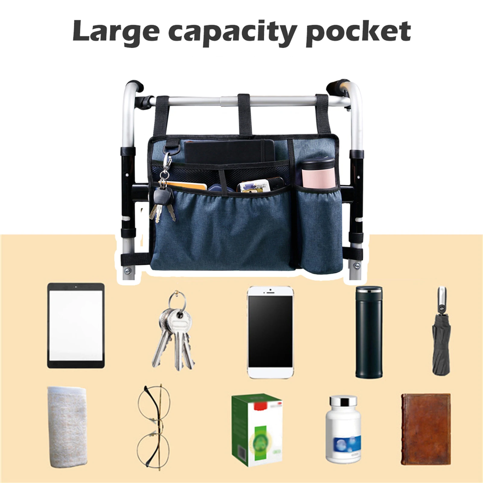 Walker Bag with Cup Holder Pouch Wheelchairs Storage Organizer Bag Folding Storage Pouch for Seniors Elderly Handicap