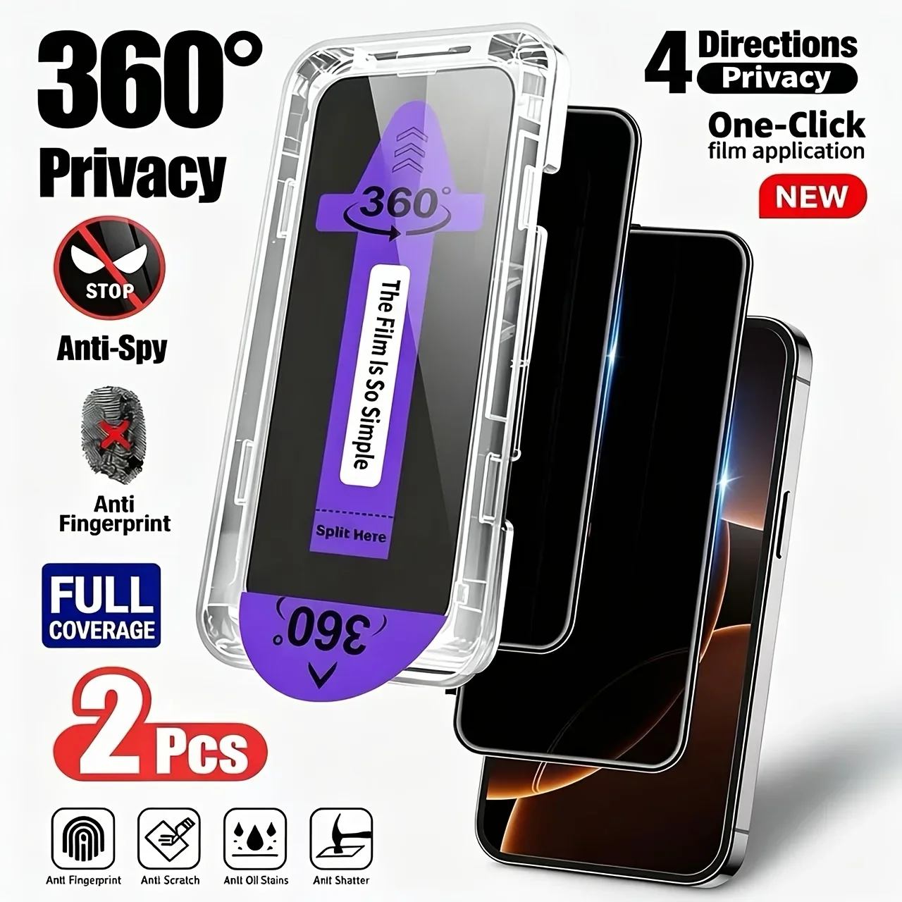 2pcs 360° Anti-Peeping Tempered Glass Screen Protectors, Suitable for Iphone 18 Pro Max/18 Pro/17/16/15/14/13/12/11,Dust-Proof