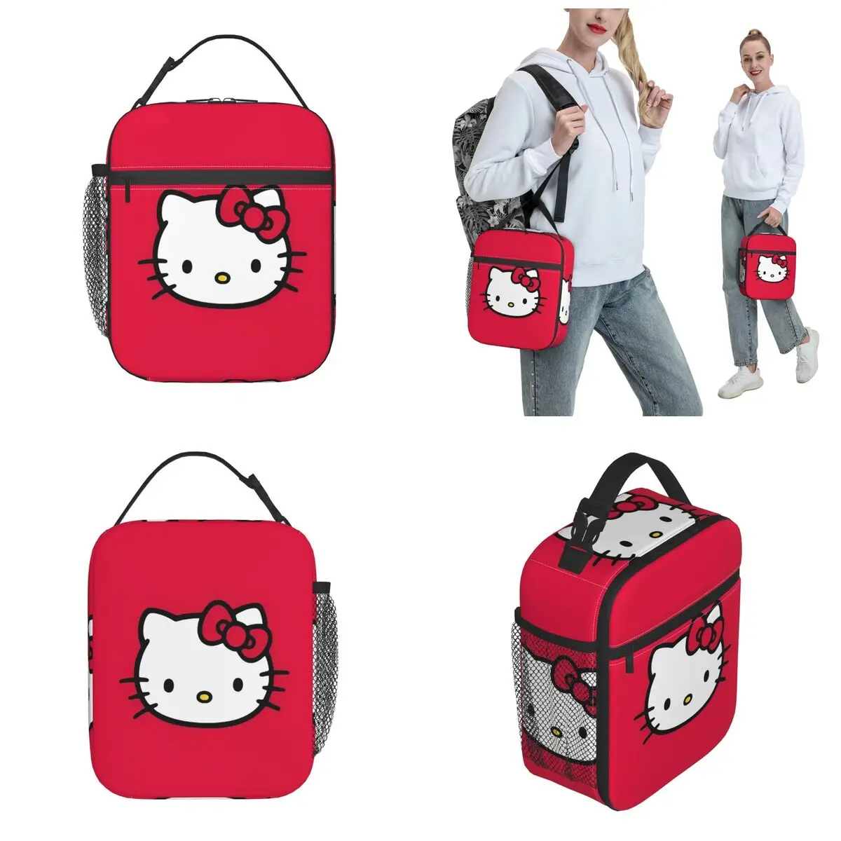 Bolsa de almuerzo aislada con cara de Hello Kitty, bolso enfriador reutilizable a prueba de fugas, fiambrera de mano, bolsa de comida de viaje escolar