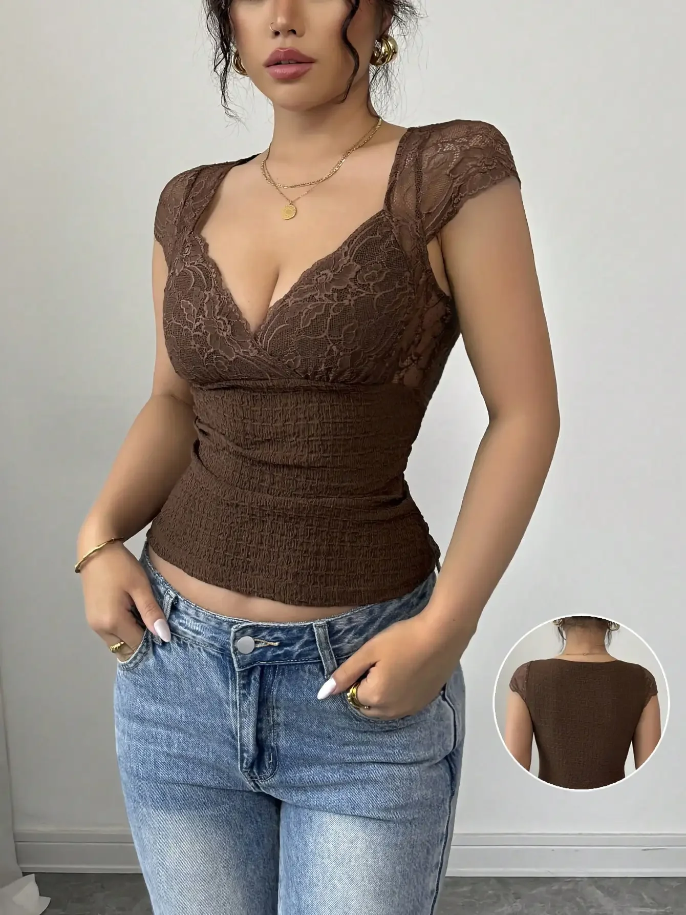 Nice Elegant Sexy Coffee Brown V-neck Short-sleeved Lace Spliced ​​knitted Jacquard Spring And Summer Ladies T