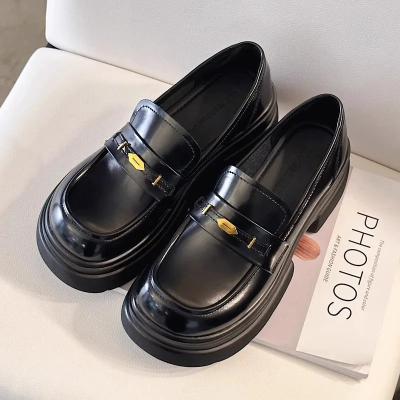 

Женские осенние лоферы без шнуровки в британском стиле, новые черные лоферы без шнуровки на массивном каблуке, увеличивающие рост