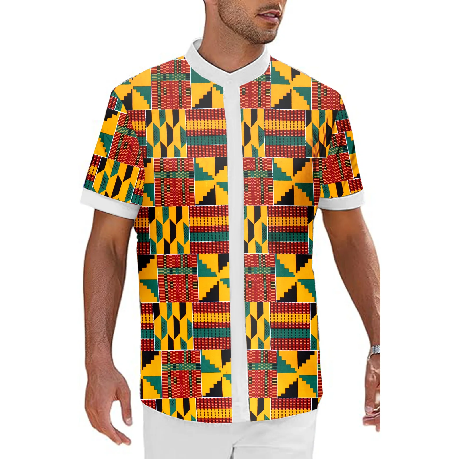 SEA&ALP Men's African Traditional Pattern Printed Casual linen T-Shirt Dashiki Hidden Button Down Retro Attire