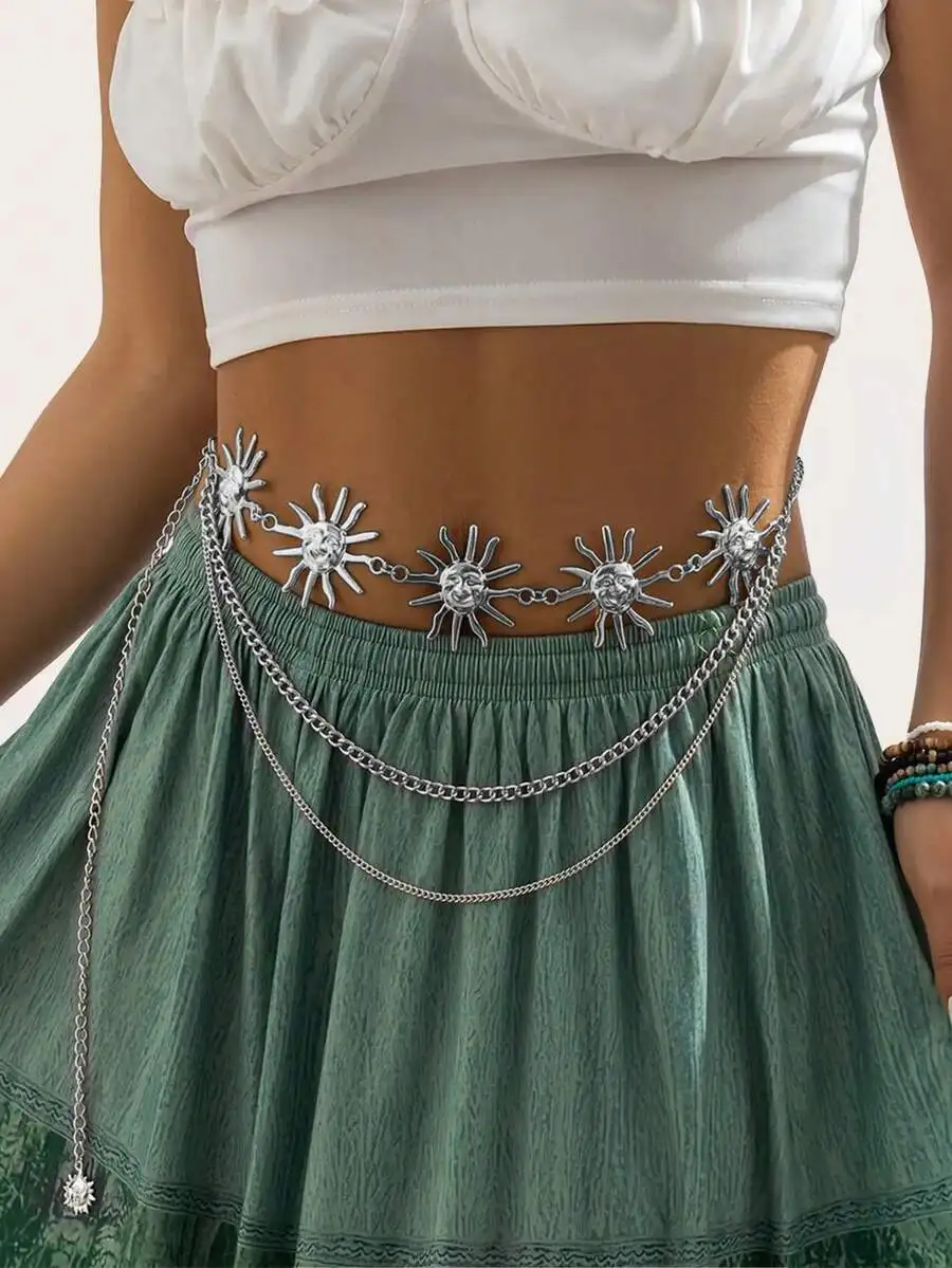 1pc Women's Fashionable Gold Metallic Sunflower Chain Waist Belt, Casual Tassel Flower Body Chain Accessory Fall, Autumn, Hallow view 2