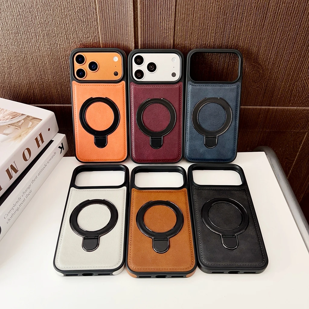 

Luxury Business Cowhide Texture Faux Leather Series With Holder Magnetic Phone Cover Case for iPhone 17 16 15 14 13 Pro Max Plus
