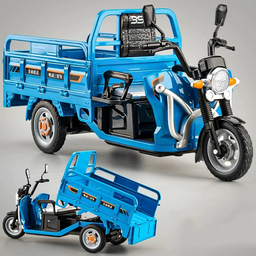 1:12 Electric Tricycle Models Car Toys Alloy Diecast Motorcycle Metal Body Rubber Tires Sound Light Pull Back Toy Gifts for Kids