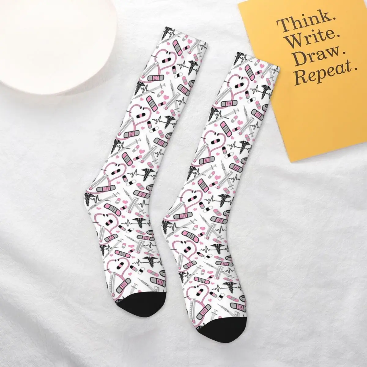 

All Seasons Cute Stethoscope Nurse Doctor EKG Pattern Socks Sport Middle Tube Socks Soft Fashion Stockings for Men Women