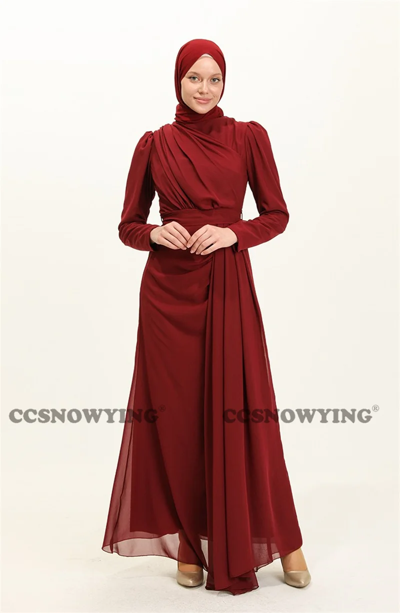 

Chiffon Muslim Evening Dress Long Sleeve Hijab Formal Party Gown High Neck A Line Saudi Arabia Kaftan Islamic Robe De Soiree