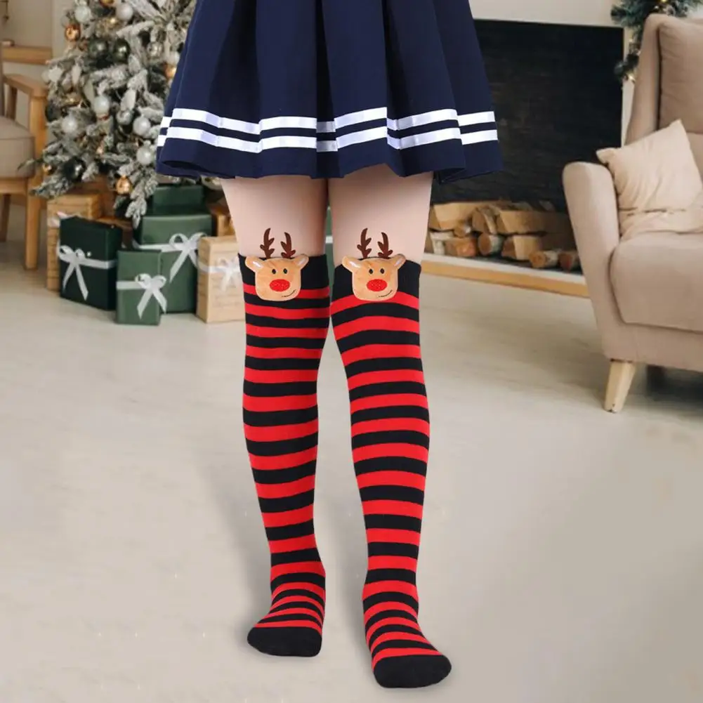 

Children Winter Holiday Socks Festive Reindeer Plush Knee-high Socks for Kids Fashionable Over Knee Striped Stockings for Women