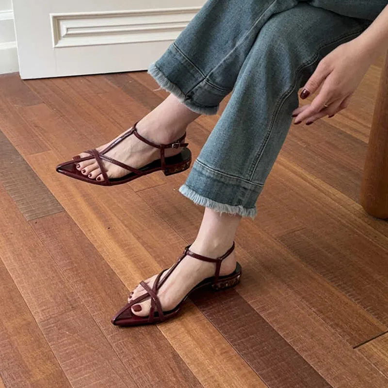 2024 Summer Red Sliver New Brand Women Sandal Fashion Narrow Band Ladies Elegant Dress Gladiator Shoes Pointed Toe Outdoor Slide