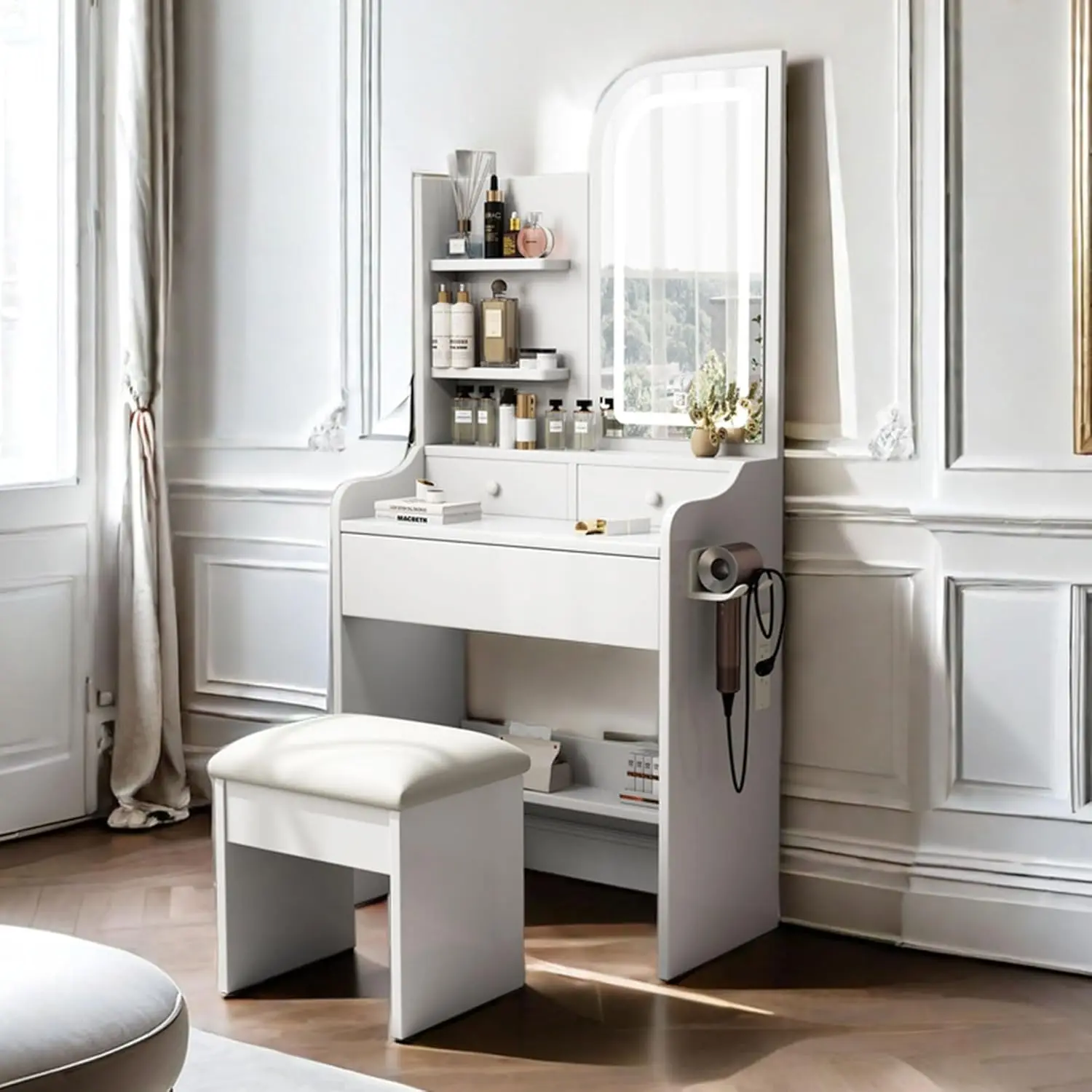 A small dressing table with power socket, a mini white dressing table with mirror and light, and a stool image 2