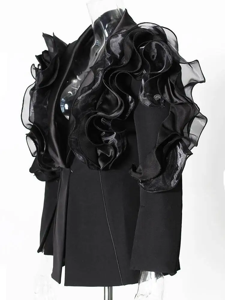 Shaped Women Black Ruffles Elegant Slim Blazer New Lapel Long Sleeve Jacket Fashion Spring Autumn 2026 7AU1L