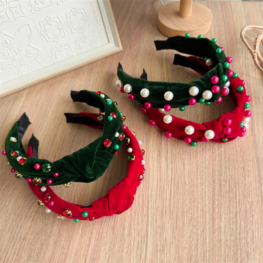 Christmas Luxury Hair Bands Baroque Rhinestone Pearl Hair Hoop Festival Hair Accessories Velvet Headband Knotted Head Hoop