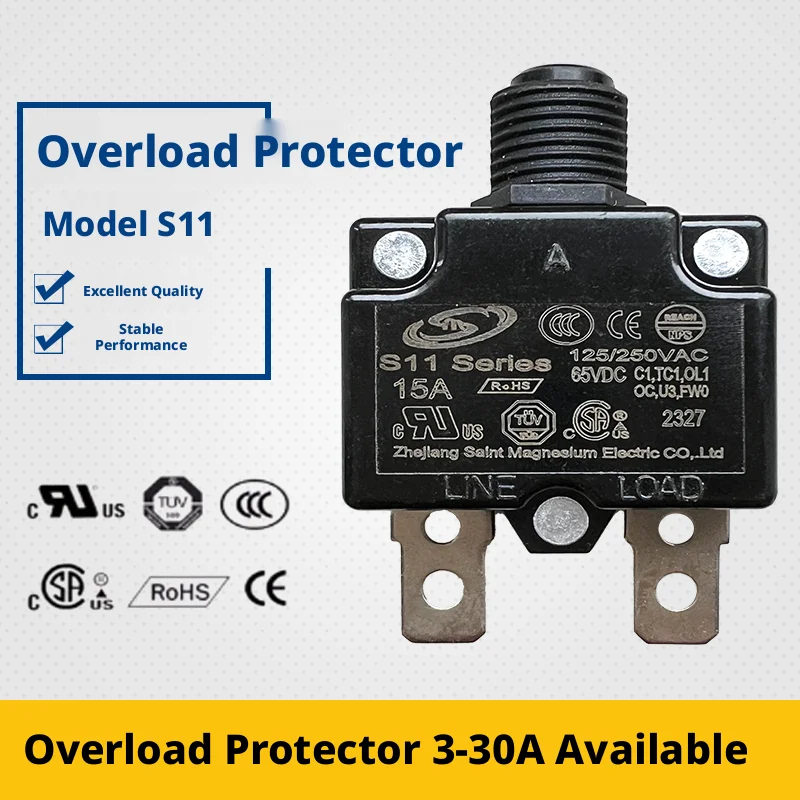 S11 Series Thermal Overload Protector, 3–30A, 125V/250VAC 65VDC, Straight Pin Terminal, Black/Red Button, 3C Compliant