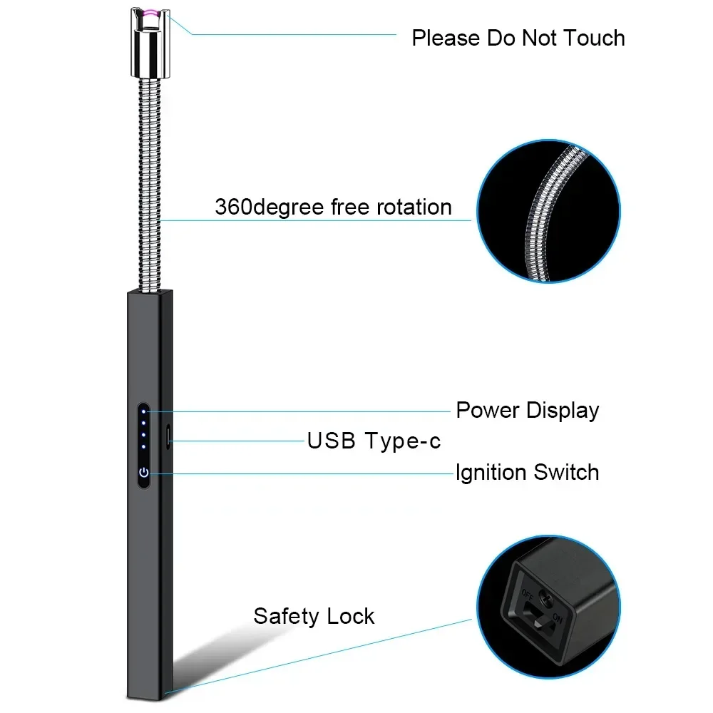 USB Type-C Fast Charging Metal Elbow Electric Arc Ignition Gun Windproof Kitchen Candle Gas Stove Pulse Plasma Lighter Gift 2024