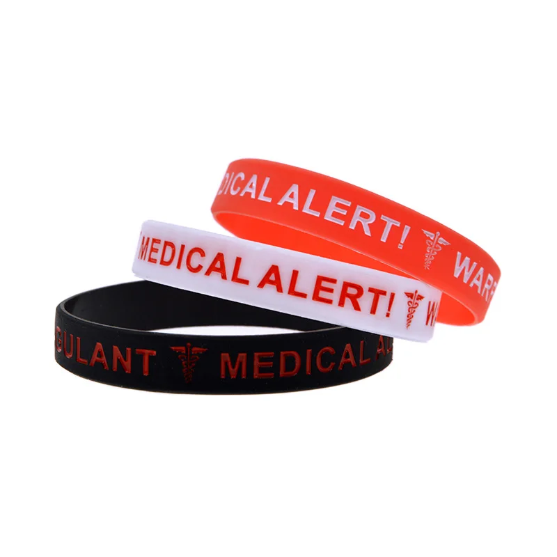 50 Pcs Warfarin Anticoagulant Medical Alert Silicone Bracelet Adult Size 3 Colors