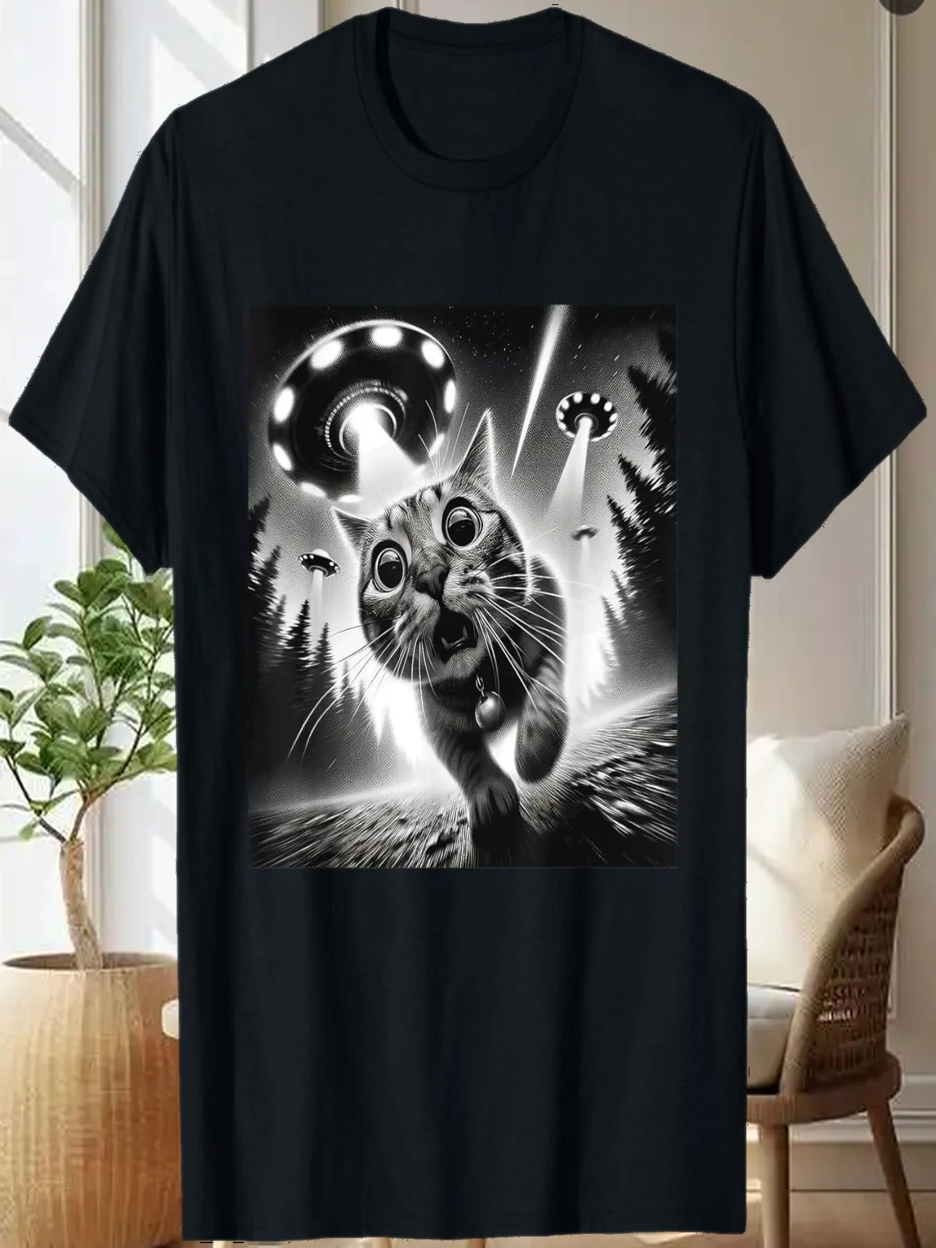 T-shirt da uomo e da donna con grafica divertente gatto UFO Alien Cat, piccola