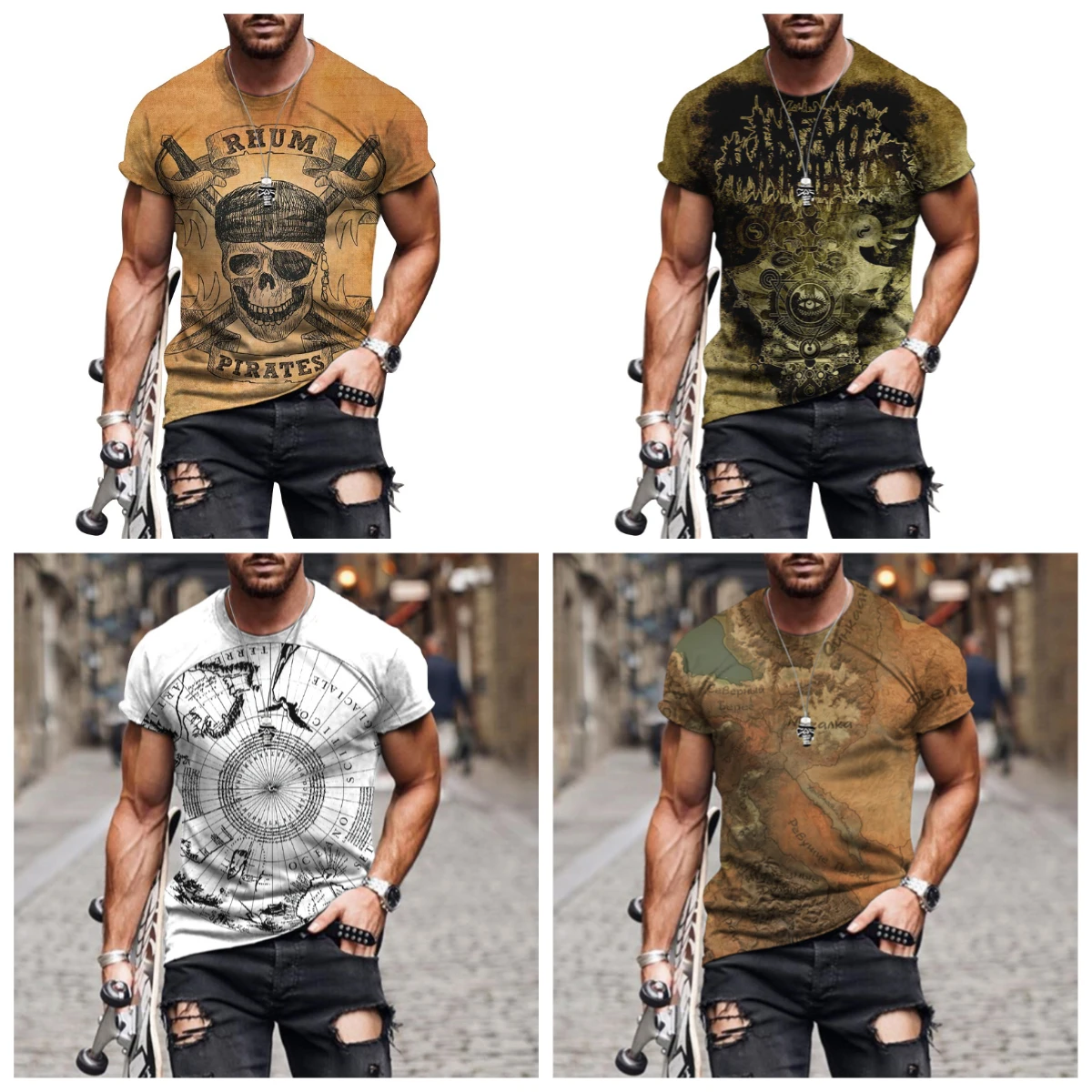 

2025 Spring/Summer Fashion Street Compass Printing Men Adult Breathable Sweat Absorbing Heavy Metal Sense Daily Short Sleeves