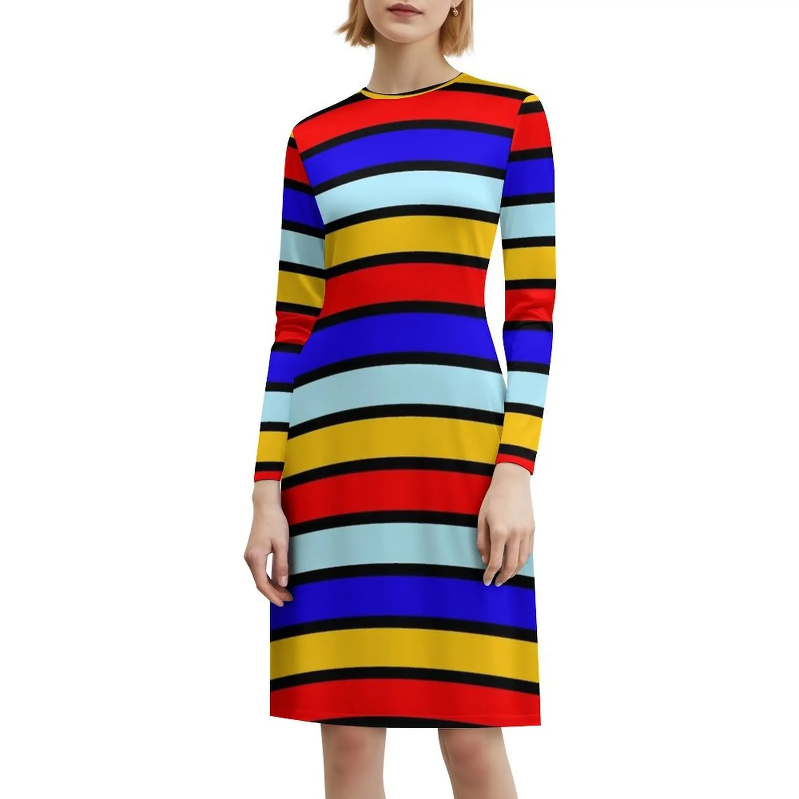 فستان قصير بخطوط صفراء متباينة باللونين الأحمر والأزرق على طراز Preppy للنساء على شكل حرف a فستان يوم كاجوال فضفاض أحمر أزرق أصفر #6