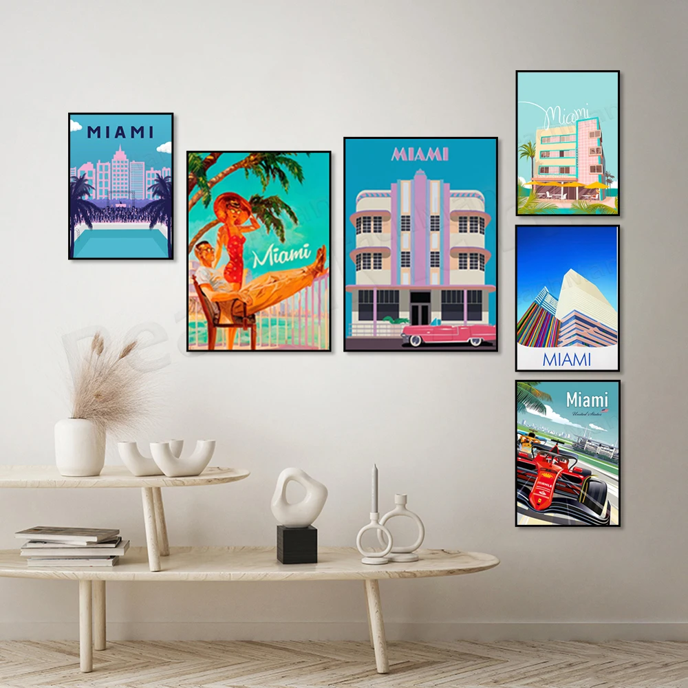 ملصق ميامي العتيق، شاطئ ميامي، طباعة فلوريدا، ملصق سفر أمريكي عتيق، صور ميامي، فن الجذب السياحي جدار ديكو #4
