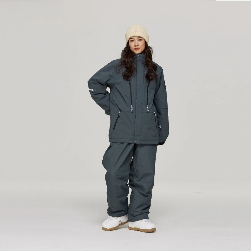 2025년 신상 유니섹스 여성 정장 세트 - 단색 상의 검정 바지 방풍 방수 두꺼운 패션 남성 스노보드 스키복