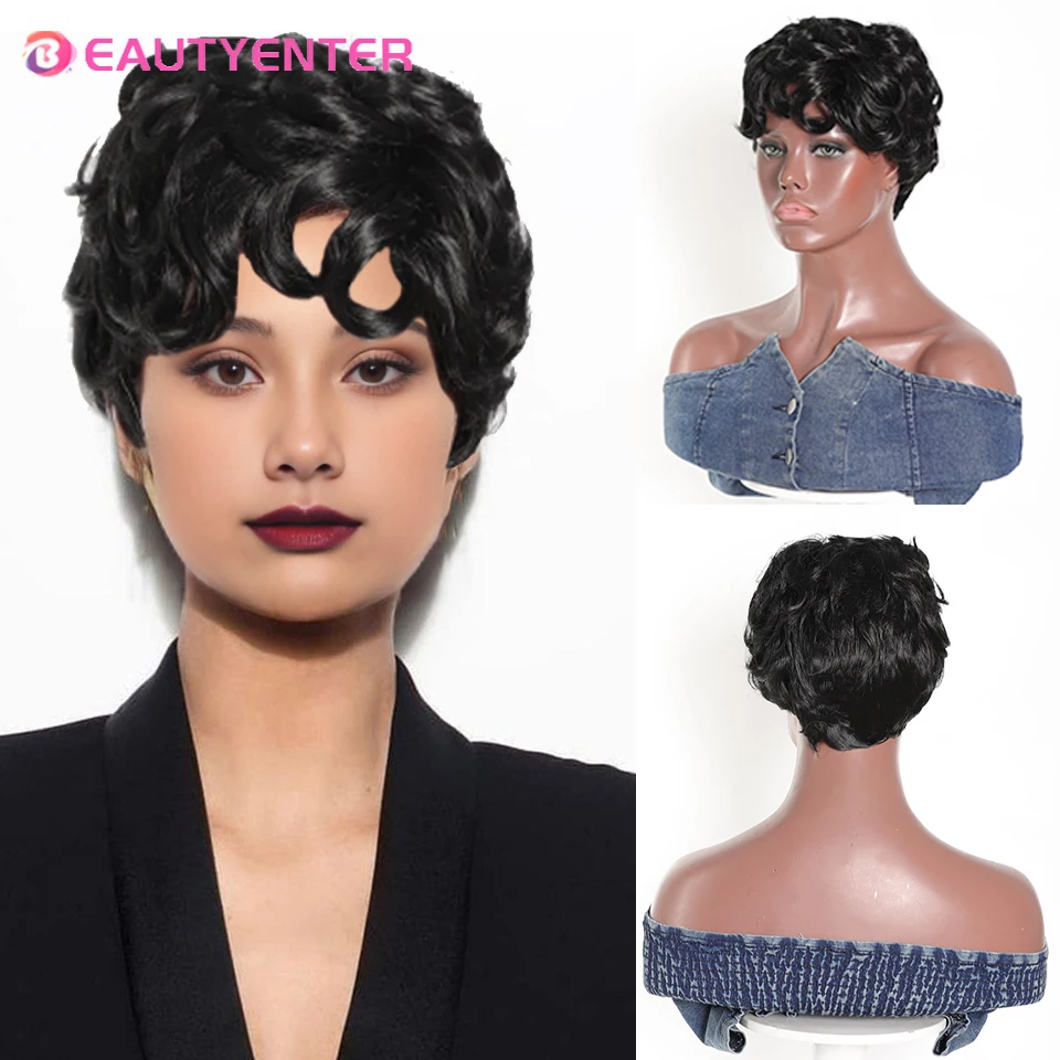 

BEAUTYENTER Short Pixie Cut Wig Human Hair For Black Women Machine Made Wigs With Bangs Glueless Wig Human Hair Wigs