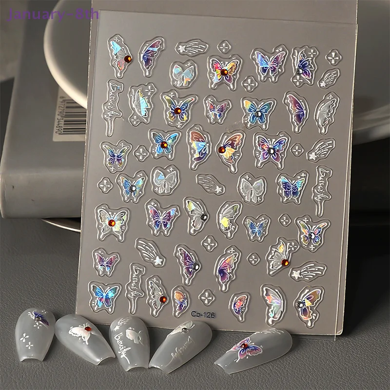 Liquid Butterfly Nail Stickers 3D Colorful White Butterfly Thin Tough Adhesive Sticker Crystal Diamond Nail Sticker