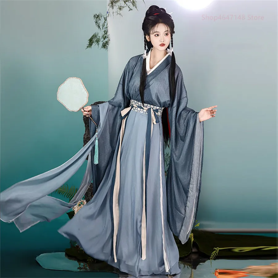 

Китайское платье Hanfu, женское карнавальное раннее традиционное винтажное розовое серое танцевальное платье Hanfu, праздничный наряд