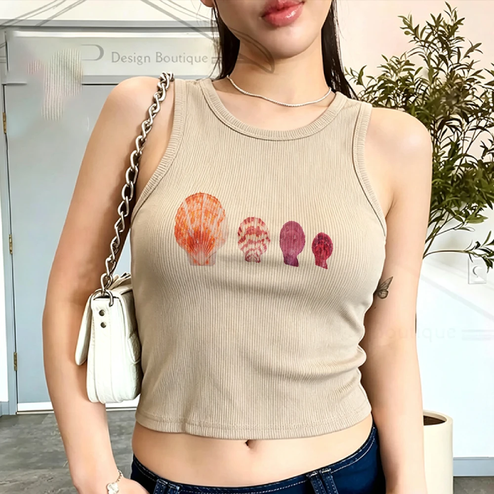 Watercolor Gradient Scallop Seashell Print Ribbed Crop Tank Top Women Y2K Coastal Beach Mermaid Sleeveless Slim Fit Cropped Cami