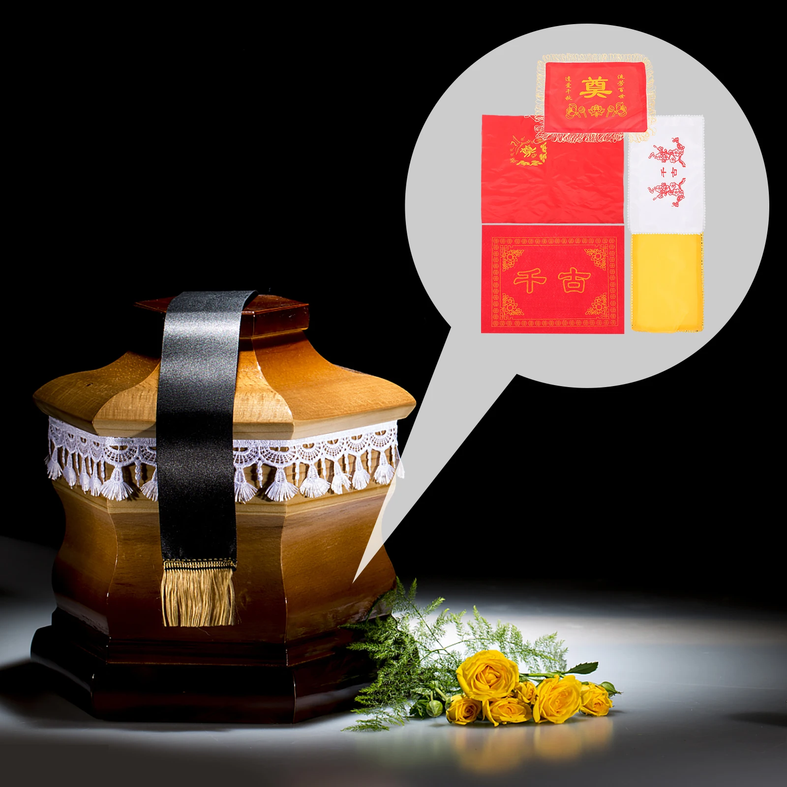 

5 Pieces Ashes Urn Kit Cloth Cover Bag Long Embroidered Carpet Casket Cloth Covers for Cemetery Family Funeral Supplies
