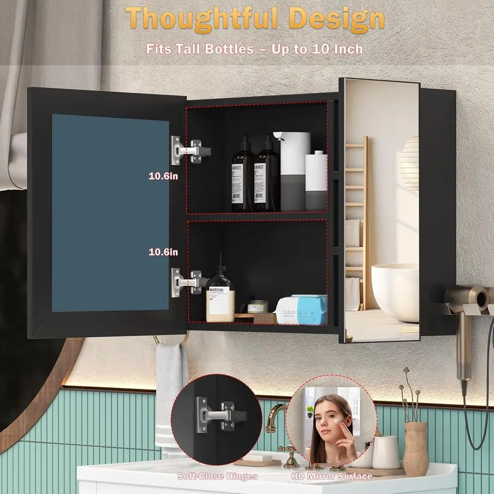 24 x 36 Recessed or Surface Mount Large Black Mirrored Medicine Cabinet with Storage