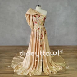 DIDEYTTAWL Real Photos One-Shoulder Flower Appliques Prom Dress Satin Bow Zipper Back High Side Slit Court Train Evening Gown