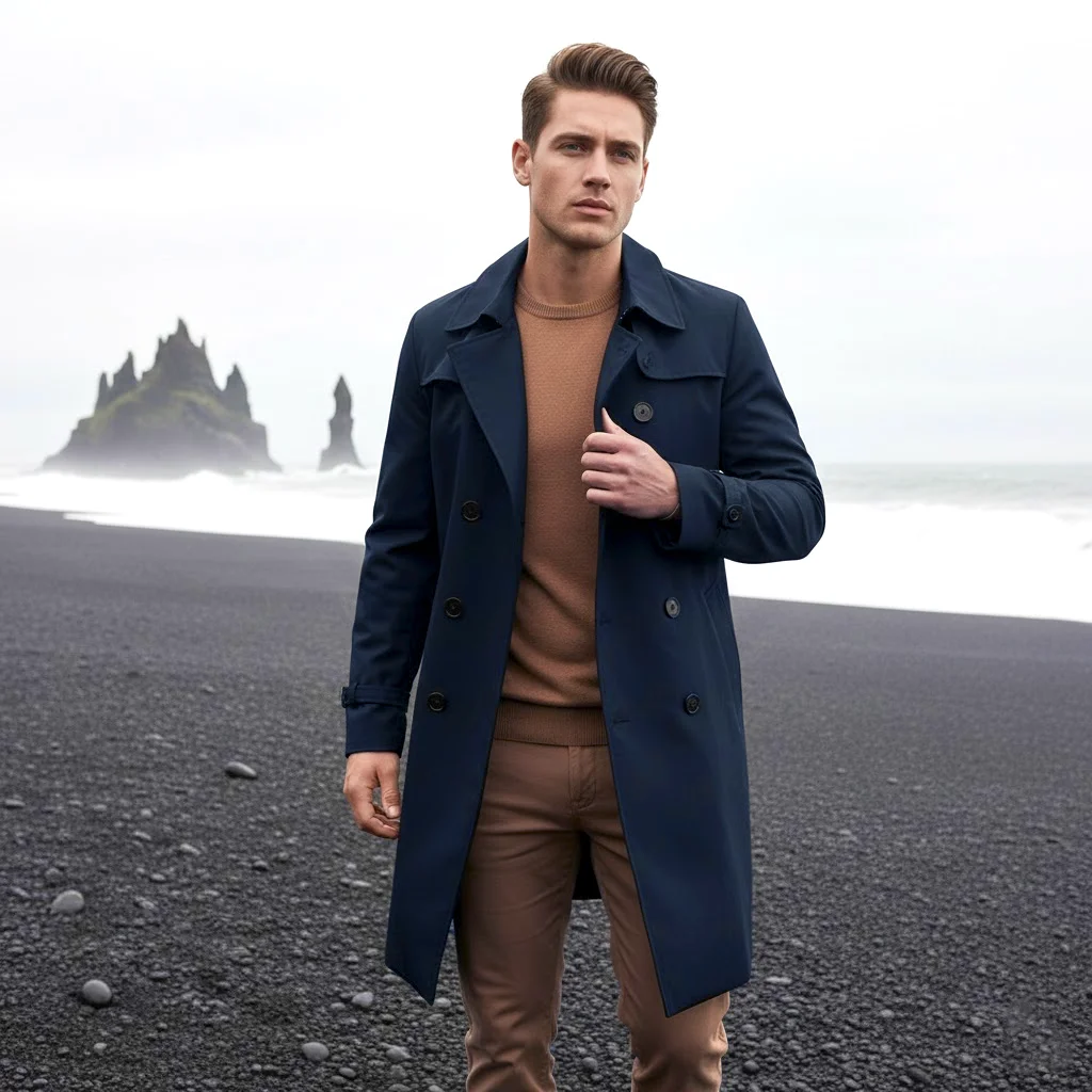 New Trench Men Winter Warm Thickened with Lining Double-Breasted Jacket Multi-Color Multi-Size Woolen Long Coat