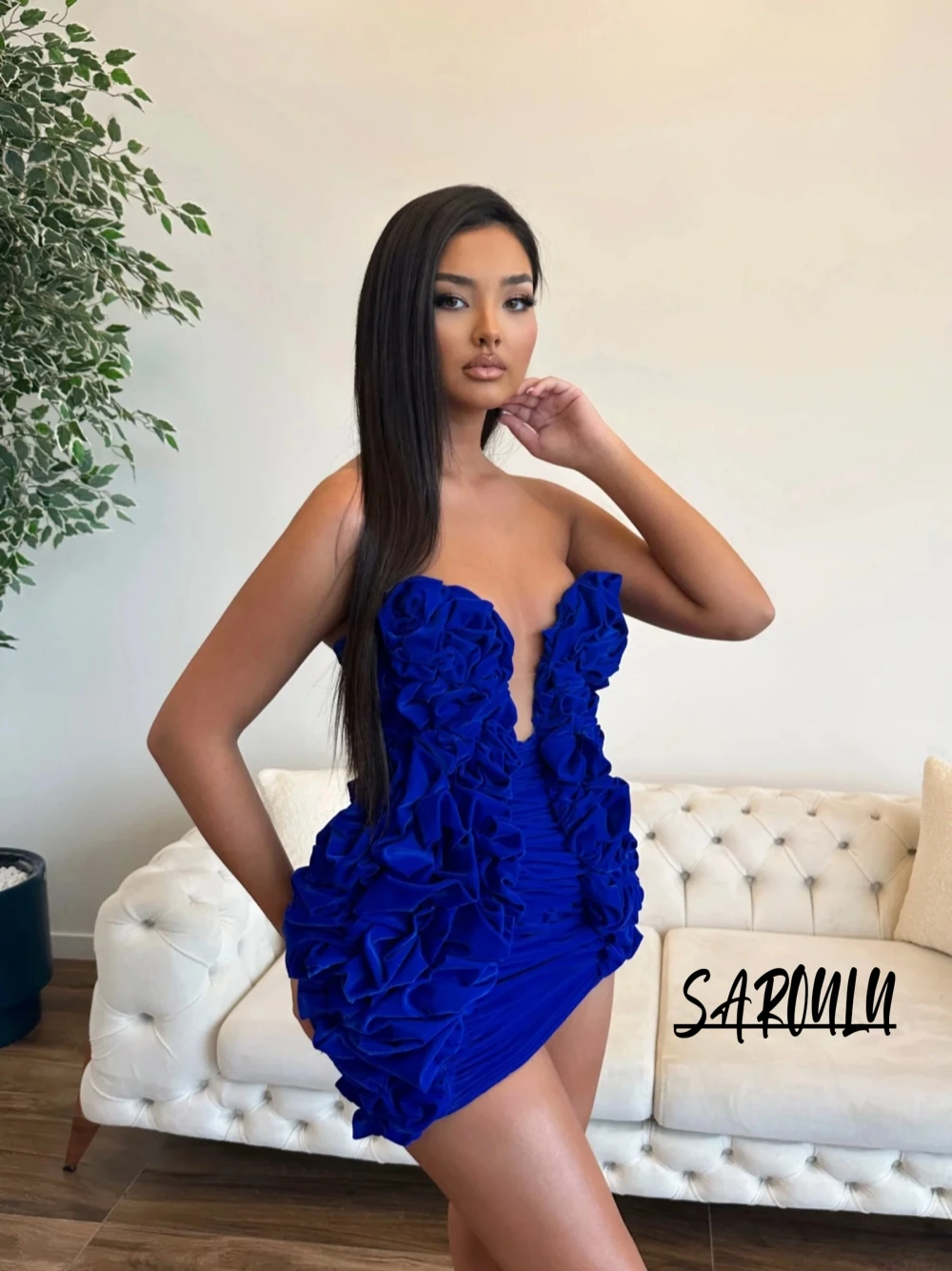 

Royal Blue Ruffled Mini Sheath Evening Dress Dreamy Sweet Cocktail Gown Simple Customized Elegant Party Birthday Date Wear