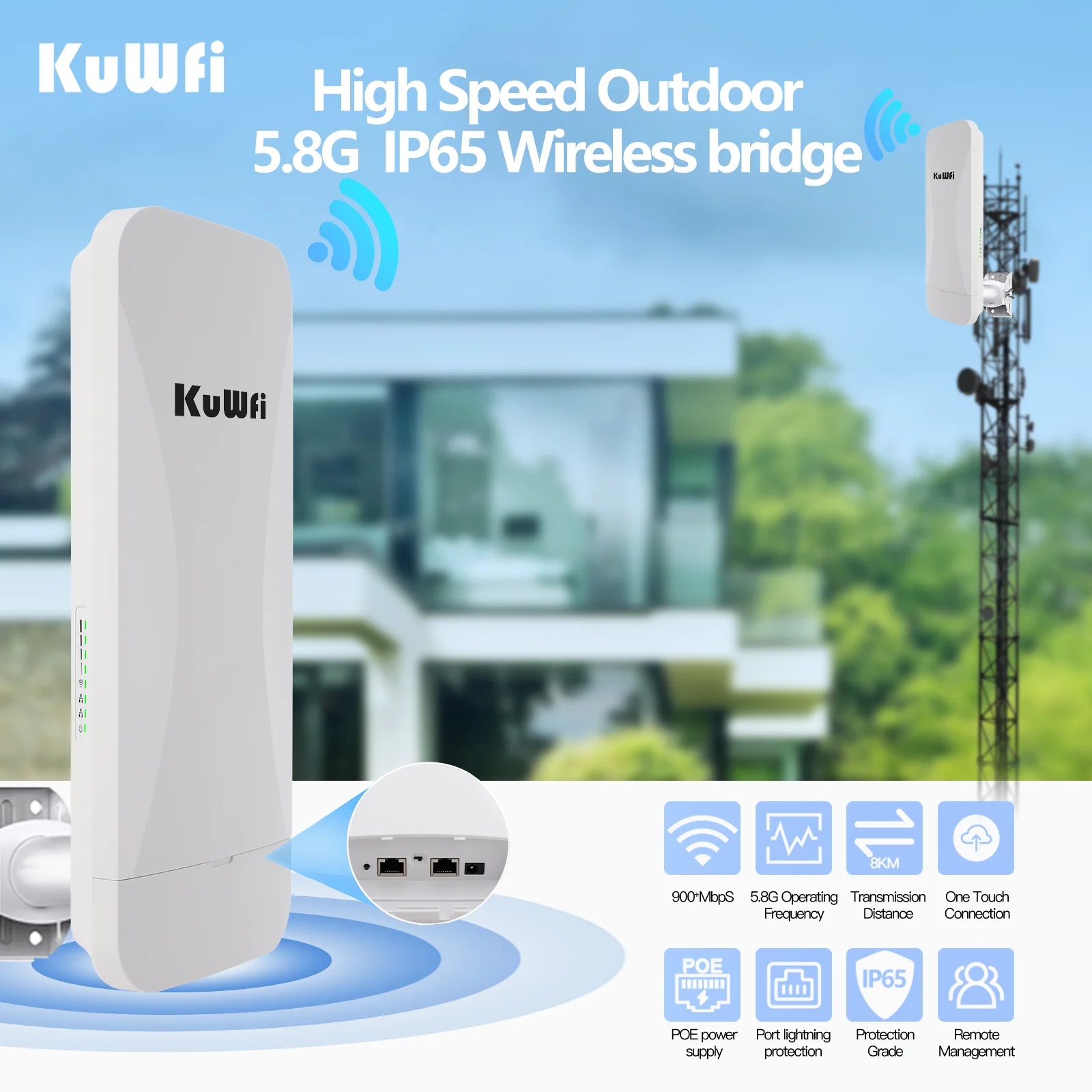 KuWFi 5.8G 900Mbps CPE Bridge Outdoor Wireless Wi-Fi Signal Extender 18dBi Antenna AP Repeater PTP Up to 8KM Gigabit Port IP65