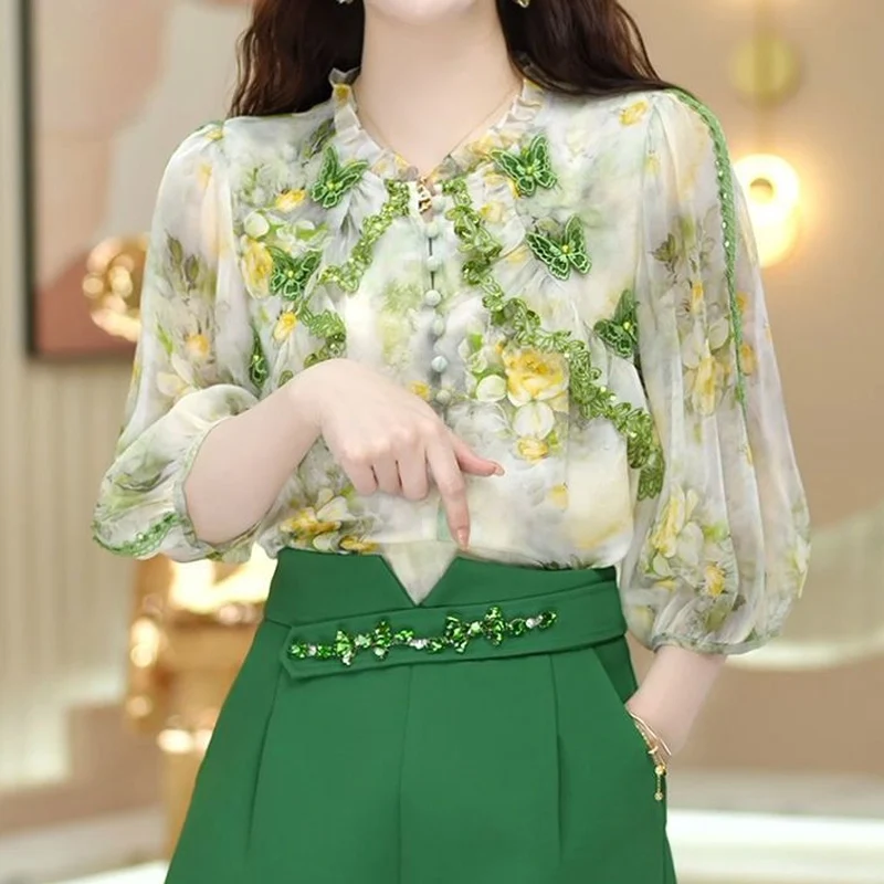 Summer New Fashion Suit Round Neck High Street Three-dimensional Flower Button Pullovers and Solid Color Pockets All-match Short