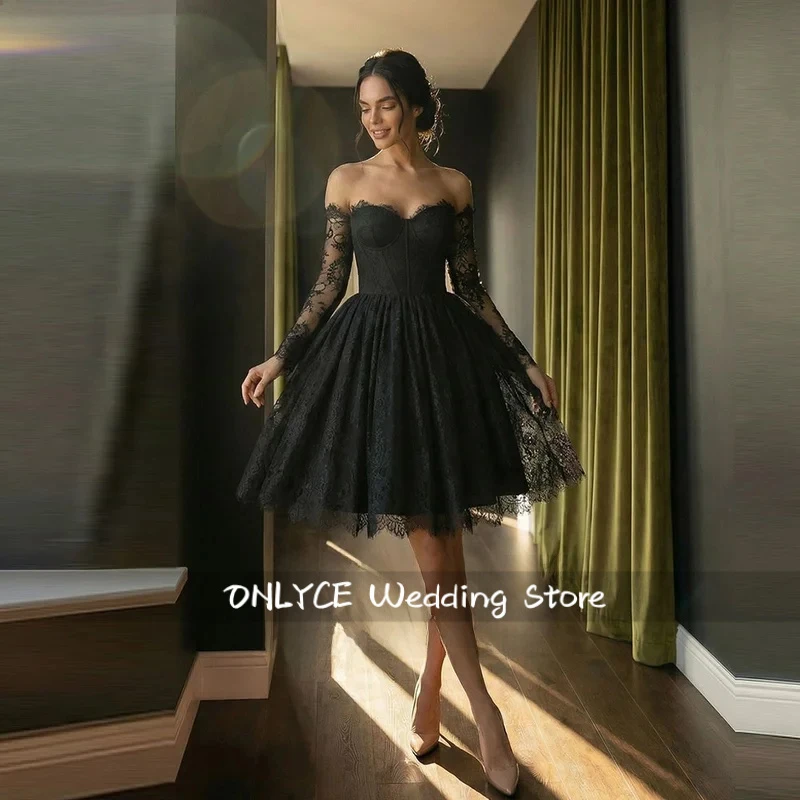 

Black Lace Short Prom Dresses Sweetheart Fashion Long Sleeves Party Gowns A Line Mini Formal Vestidos De Fiesta Customized
