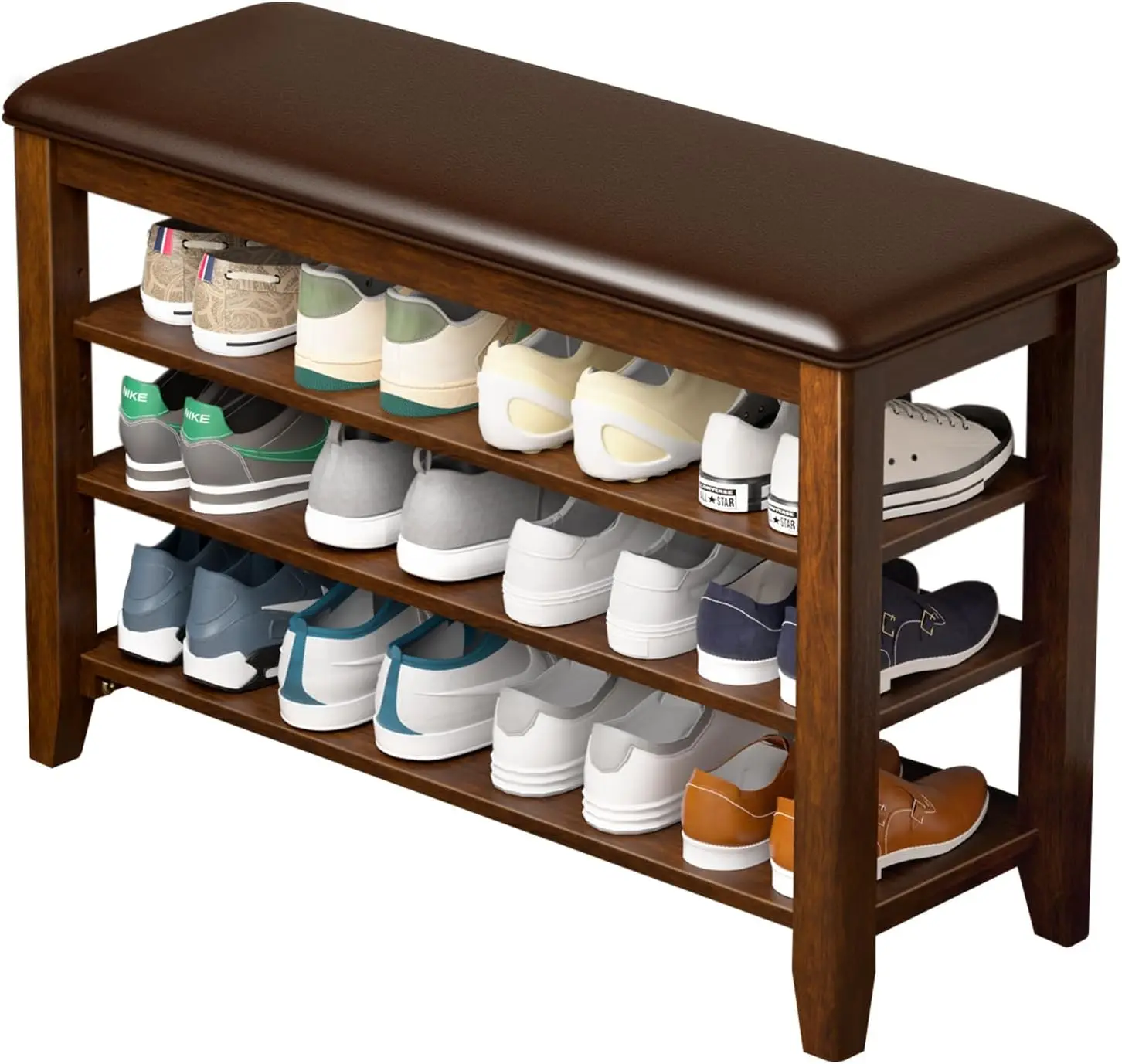 

Shoe Storage Bench with Adjustable Shelves, Leather Cushion Seat for Entryway Hallway Mudroom Organizer