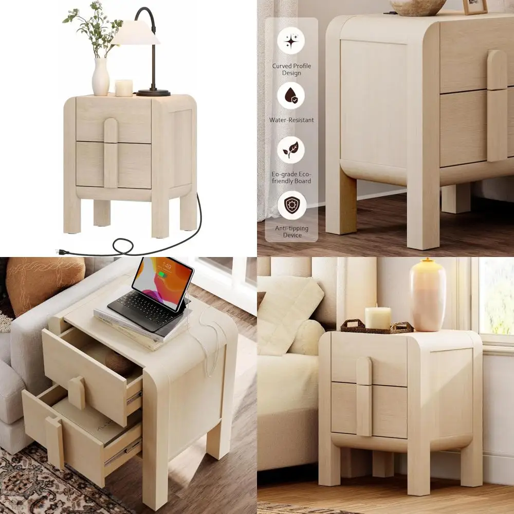 

Contemporary Tall Nightstand with Charging Station, 2 Drawers, Curved Design for Modern Bedroom and Living Spaces