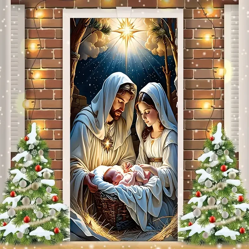 ستارة باب الحفلات بطابع عيد الميلاد من VIKAMA مع مريم العذراء وزخارف كوخ الشتاء للاحتفال بعيد الميلاد
