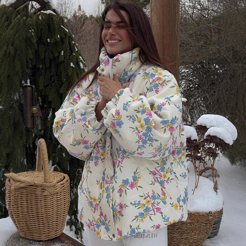 Fmxires 2025 Winter Oversize Printed Cotton Jacket Coat Female Fashion Stand Collar Warm Parkas Long Sleeve Casual Women's Coat