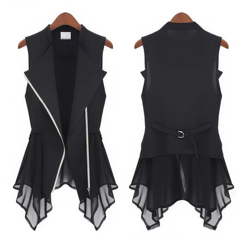 #0708 Summer Black Asymmetrical Chiffon Waistcoat For Women Thin Sexy Vest Coat Sleeveless Jacket Female Long Vest With Zipper